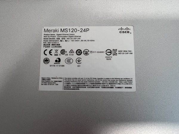 Switch Cisco Meraki MS120-24HW – 24 Ports GigE, Cloud Managed, Occasion (quelques Rayures)