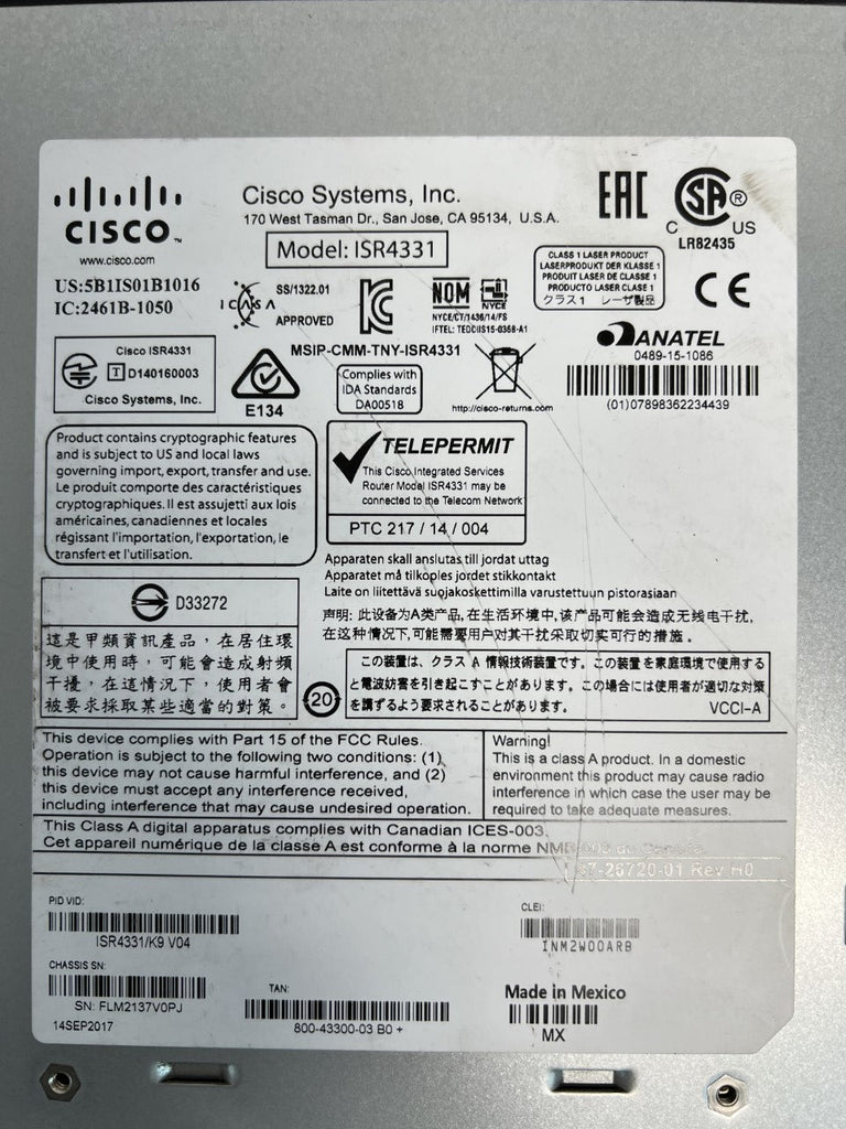 Cisco ISR4331/K9 4331 IP BASE Integrated Services Router No Clock Issu